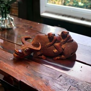 Vintage WWII Asian Mahogany Wood Carved Water Buffalo Glass Eyes 2 Riders Estate